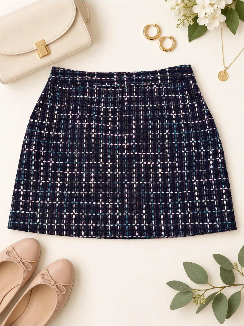 LOFT Multicolor Tweed Mini Skirt Size 10 Navy Pink Teal
